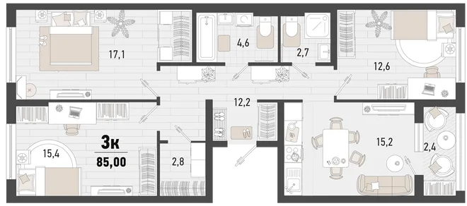 Планировка 3-комн. квартира, 85 м² ЖК «Барса» Планировка 3-комн. квартира, 85 м² ЖК «Барса»