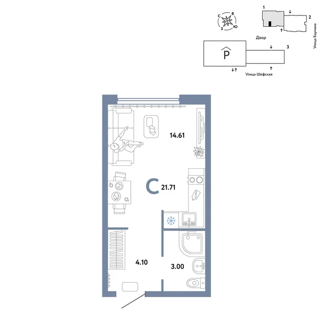 Планировка Студия, 21.71 м² ЖК «Страна.Энтузиастов» Планировка Студия, 21.71 м² ЖК «Страна.Энтузиастов»