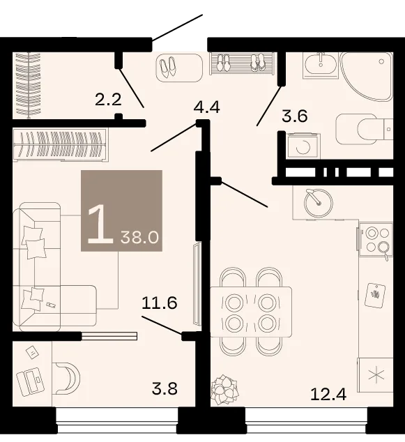 Планировка 1-комн. квартира, 38 м² ЖК «Хозяин морей»