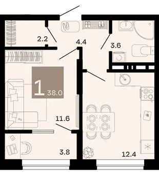 Планировка 1-комн. квартира, 38 м² ЖК «Хозяин морей»