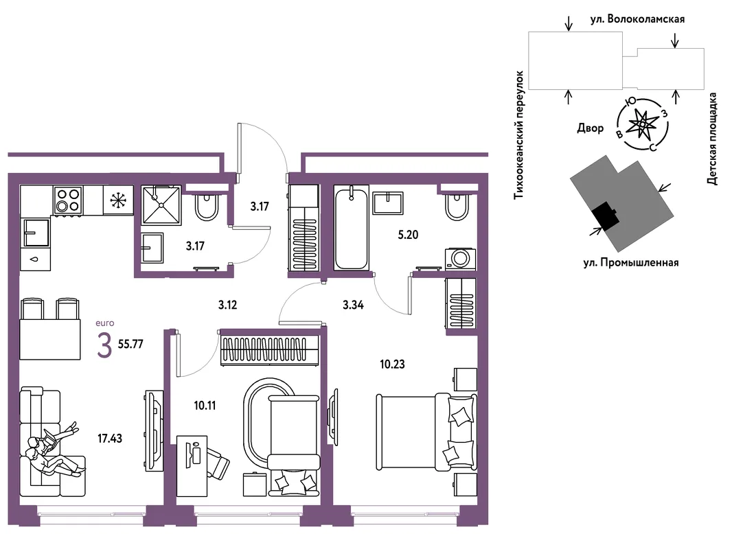 Планировка 3-комн. квартира, 55.77 м² ЖК «Страна Прибрежная»