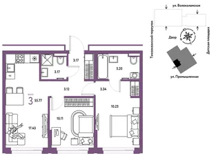 Планировка 3-комн. квартира, 55.77 м² ЖК «Страна Прибрежная»