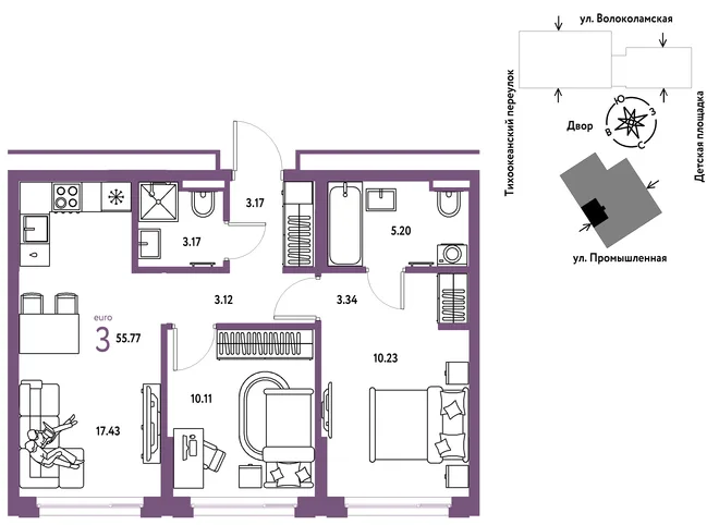 Планировка 3-комн. квартира, 55.77 м² ЖК «Страна Прибрежная» Планировка 3-комн. квартира, 55.77 м² ЖК «Страна Прибрежная»