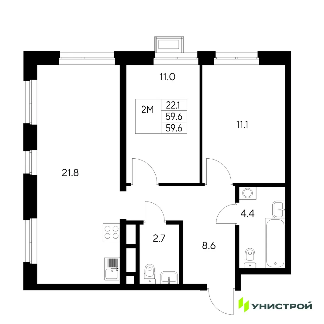 Планировка 2-комн. квартира, 59.6 м² ЖК «Стадиум»