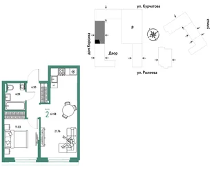 Планировка 2-комн. квартира, 41.59 м² ЖК «Остров-сад»