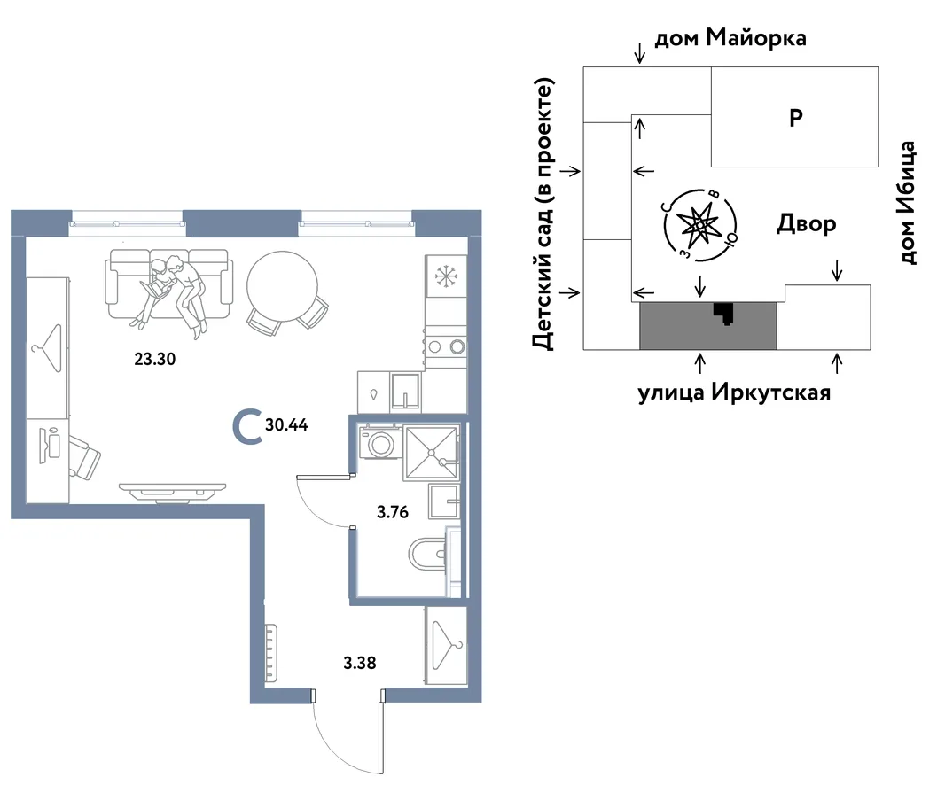 Планировка Студия, 30.44 м² ЖК «Остров-сад»