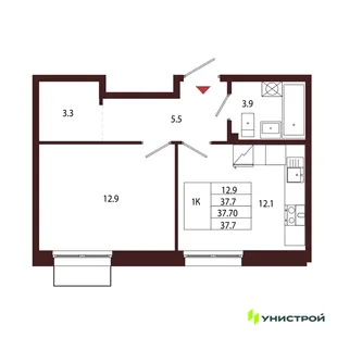 Планировка 1-комн. квартира, 37.7 м² ЖК «Лисино»
