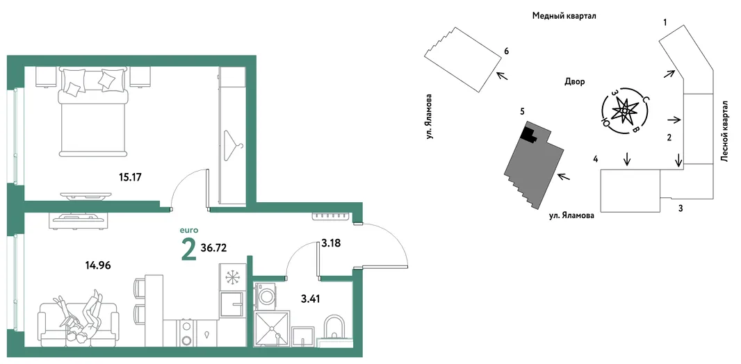 Планировка 2-комн. квартира, 36.72 м² ЖК «Сибирский сад»