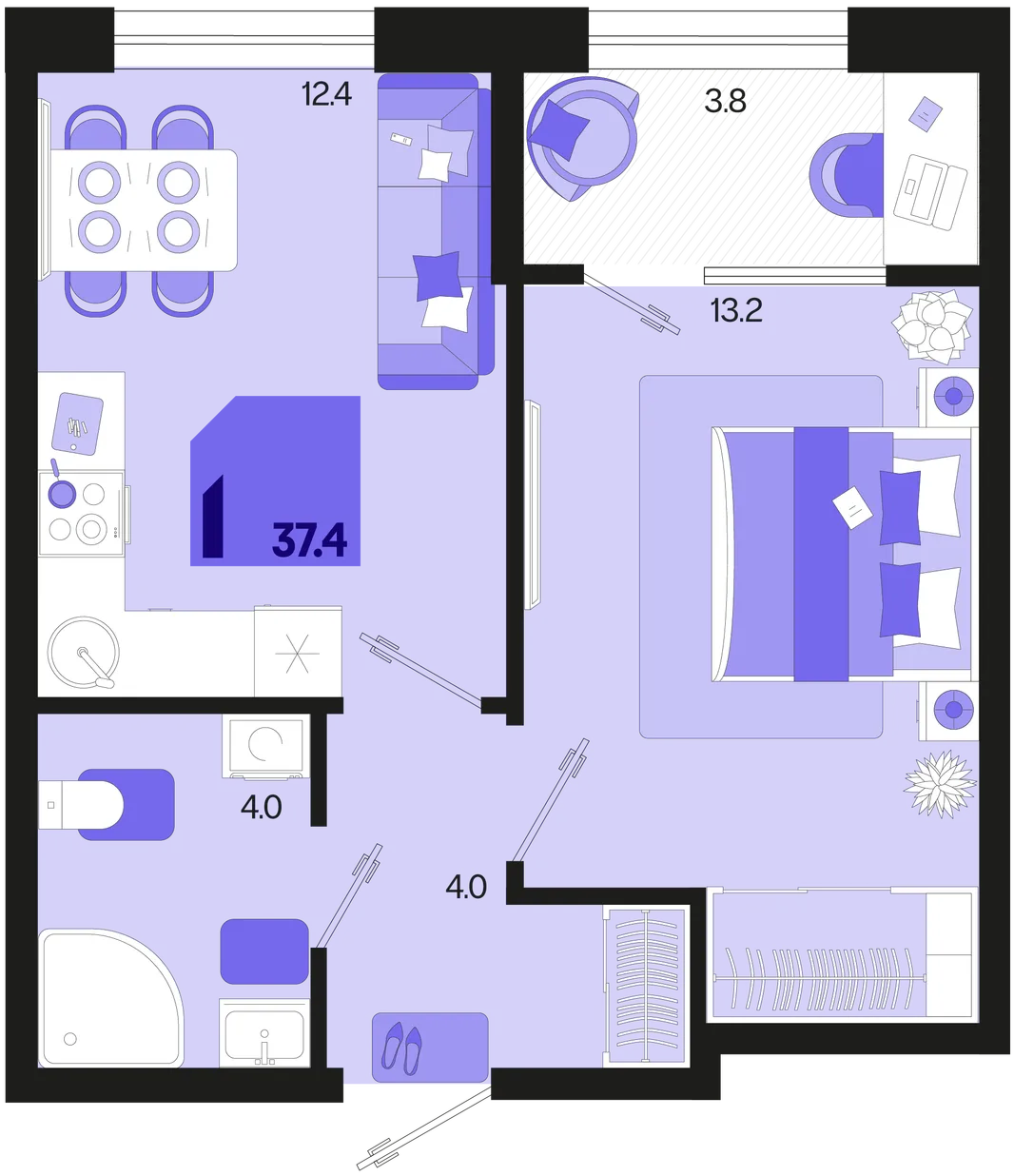 Планировка 1-комн. квартира, 37.4 м² ЖК «Первое место»