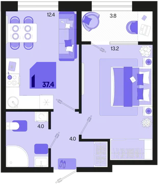 Планировка 1-комн. квартира, 37.4 м² ЖК «Первое место»