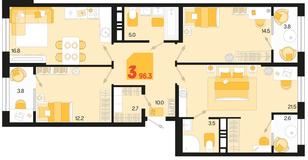 Планировка 3-комн. квартира, 96.3 м² ЖК «Первое место»