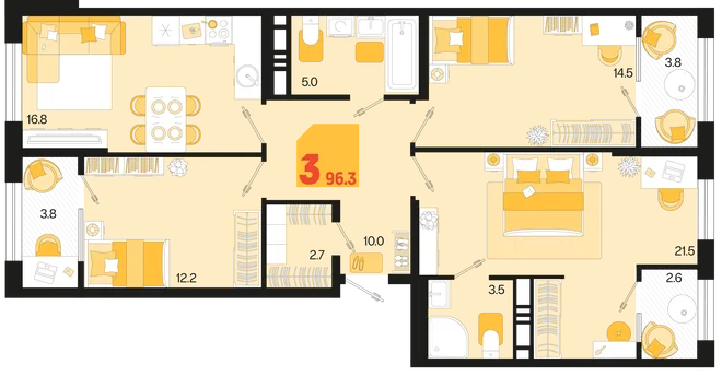 Планировка 3-комн. квартира, 96.3 м² ЖК «Первое место» Планировка 3-комн. квартира, 96.3 м² ЖК «Первое место»