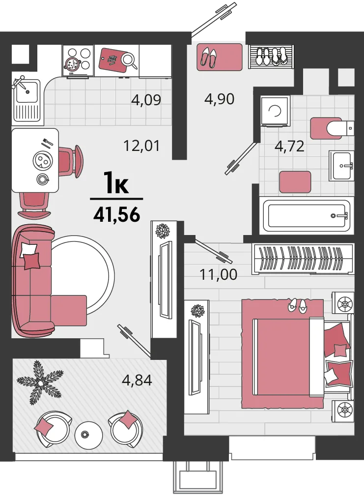 Планировка 2-комн. квартира, 41.56 м² ЖК «Родные просторы»