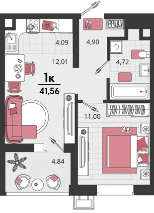 Планировка 2-комн. квартира, 41.56 м² ЖК «Родные просторы»