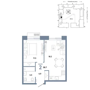 Планировка 2-комн. квартира, 38.7 м² ЖК «Страна.Заречная»