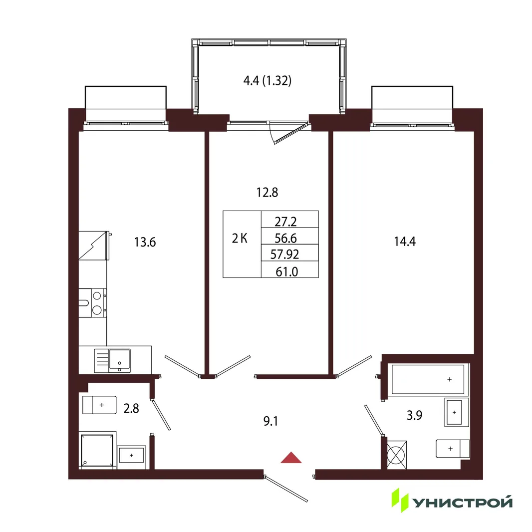Планировка 2-комн. квартира, 57.92 м² ЖК «Лисино»