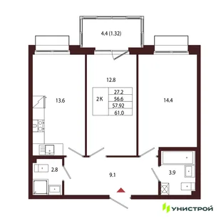 Планировка 2-комн. квартира, 57.92 м² ЖК «Лисино»