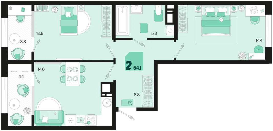 Планировка 2-комн. квартира, 64.1 м² ЖК «Первое место»