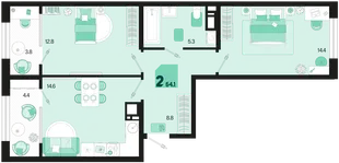 Планировка 2-комн. квартира, 64.1 м² ЖК «Первое место»