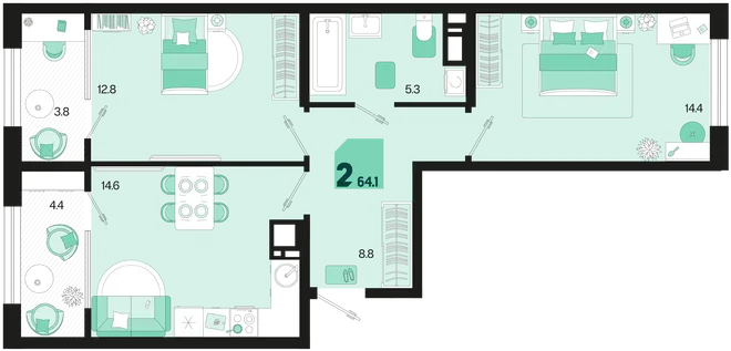 Планировка 2-комн. квартира, 64.1 м² ЖК «Первое место» Планировка 2-комн. квартира, 64.1 м² ЖК «Первое место»