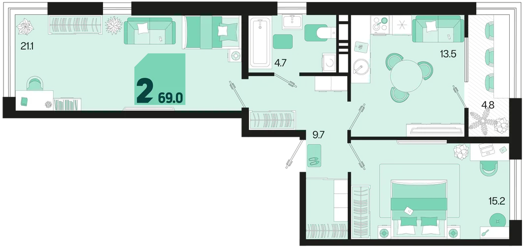Планировка 2-комн. квартира, 69 м² ЖК «Первое место»