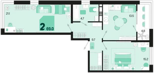 Планировка 2-комн. квартира, 69 м² ЖК «Первое место»