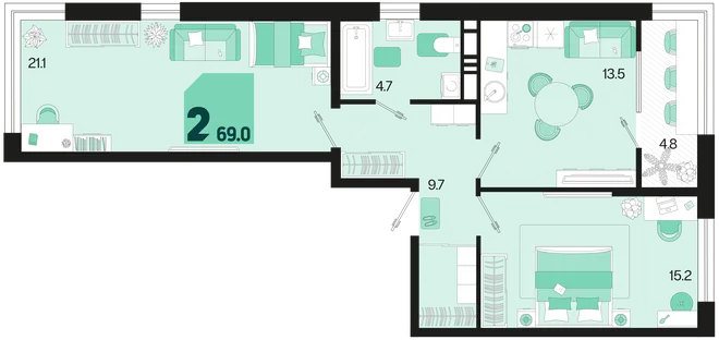 Планировка 2-комн. квартира, 69 м² ЖК «Первое место» Планировка 2-комн. квартира, 69 м² ЖК «Первое место»