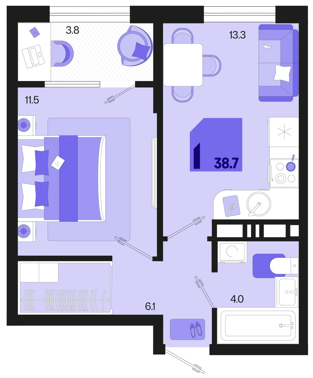 Планировка 1-комн. квартира, 38.7 м² ЖК «Первое место»