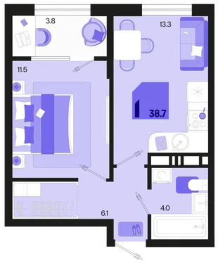 Планировка 1-комн. квартира, 38.7 м² ЖК «Первое место»