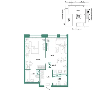 Планировка 2-комн. квартира, 41.17 м² ЖК «Юнион»