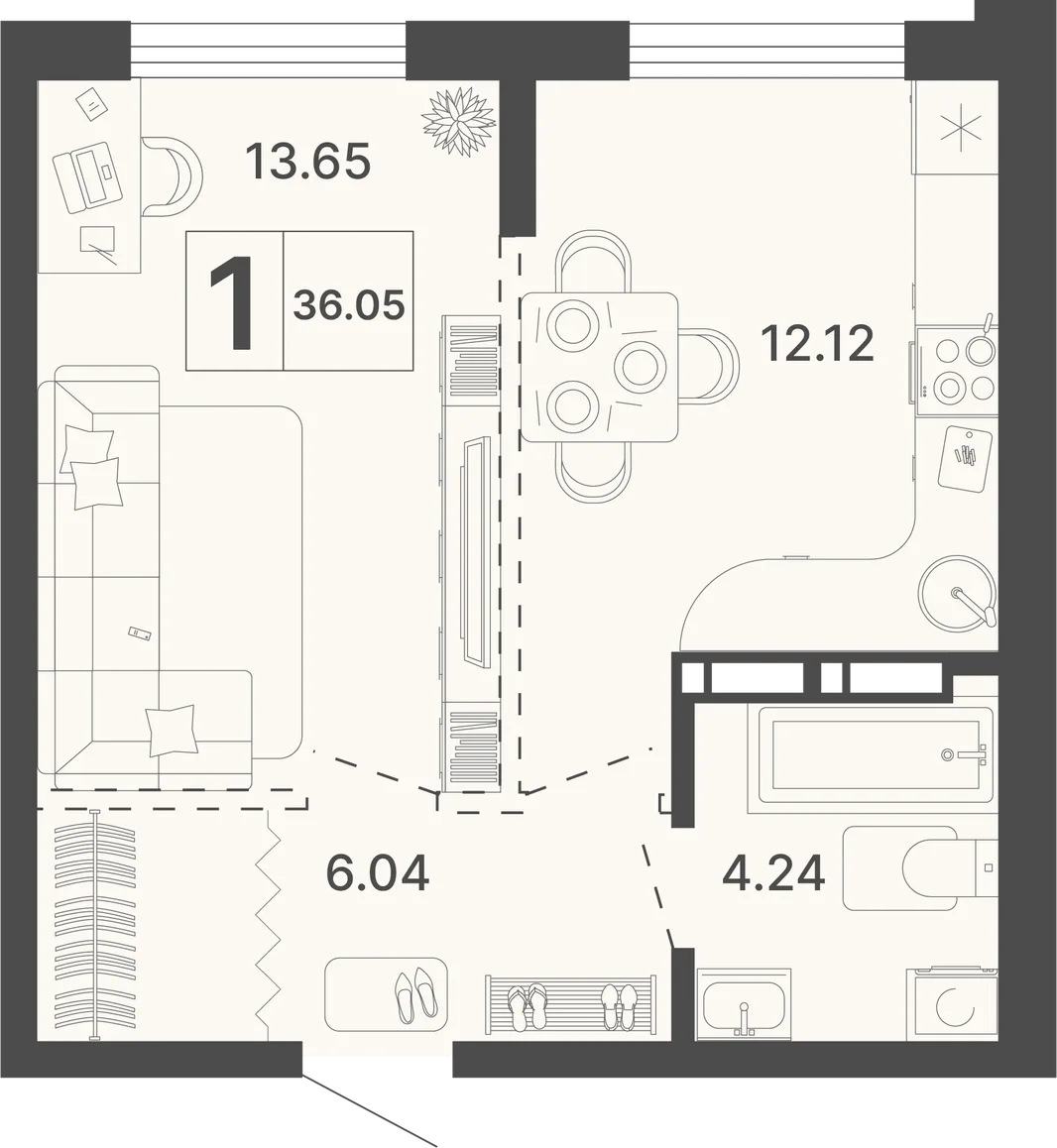 Планировка 1-комн. квартира, 36.05 м² ЖК «Светский лес»