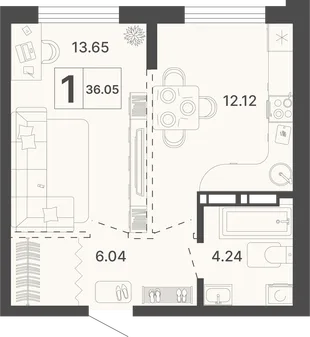 Планировка 1-комн. квартира, 36.05 м² ЖК «Светский лес»