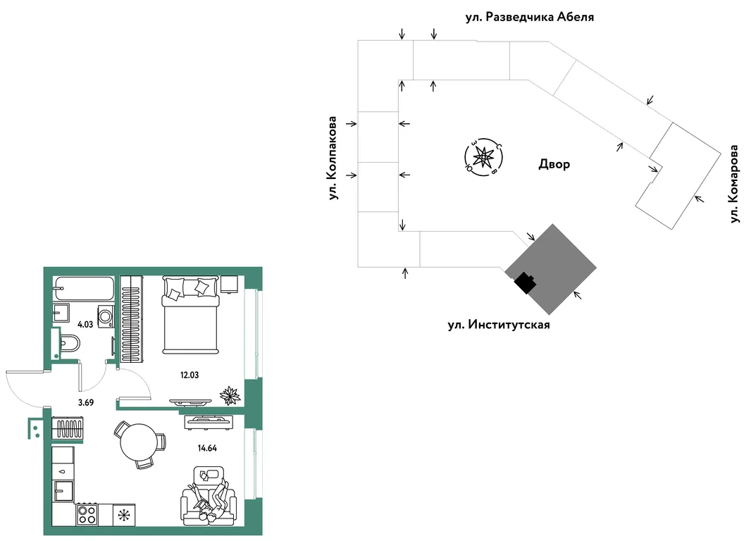 Планировка 2-комн. квартира, 34.39 м² ЖК «Страна.Парковая»