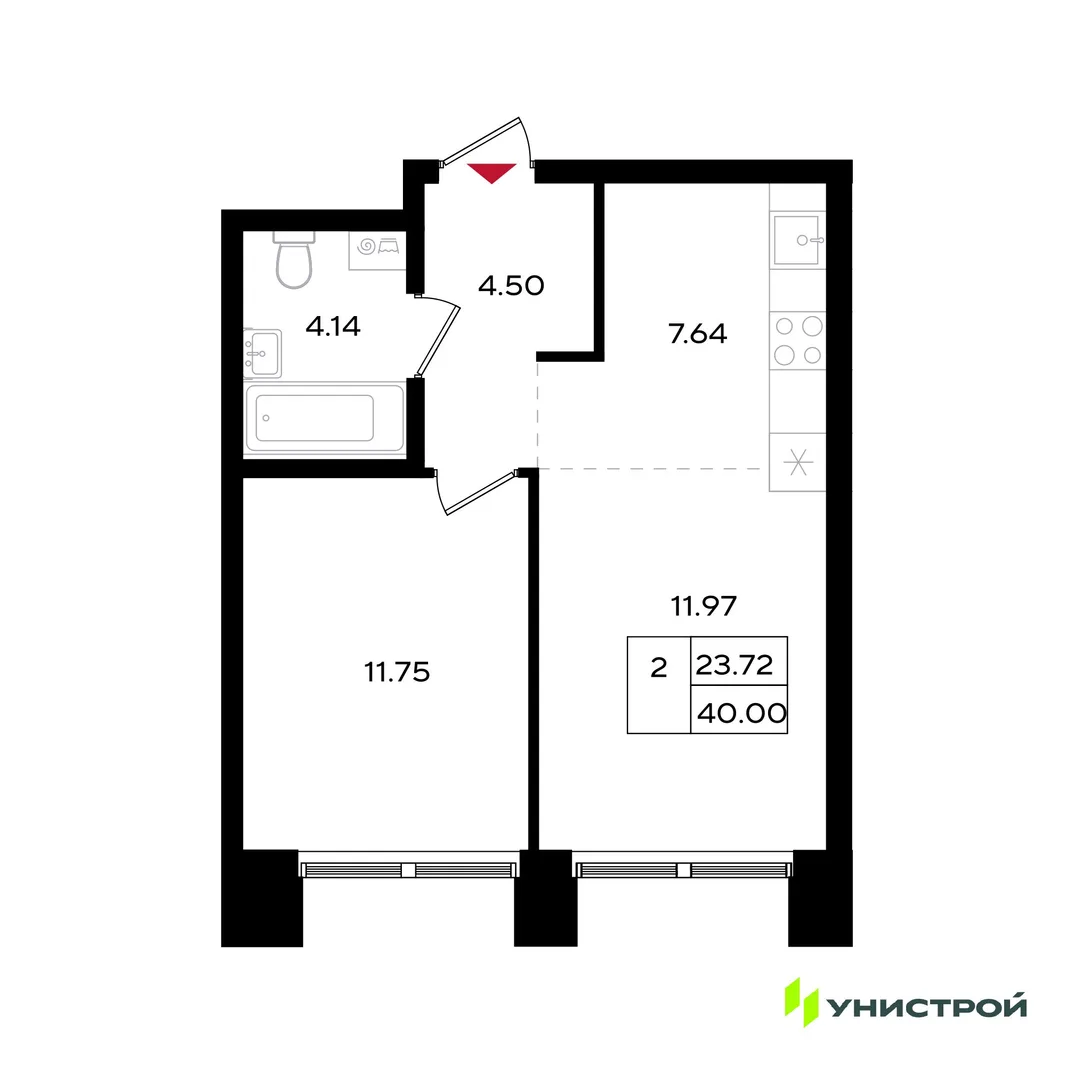 Планировка 2-комн. квартира, 40 м² ЖК «Уникум на Энгельса»