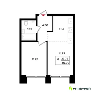Планировка 2-комн. квартира, 40 м² ЖК «Уникум на Энгельса»