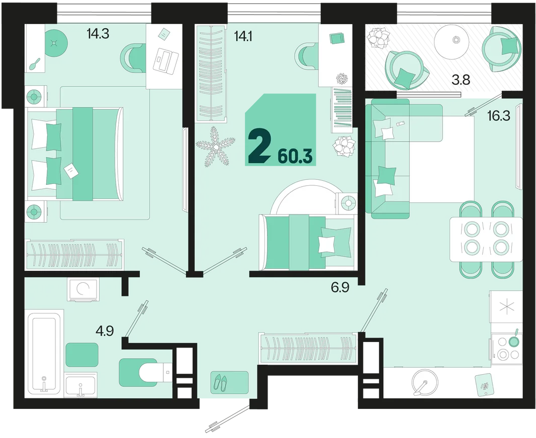 Планировка 2-комн. квартира, 60.3 м² ЖК «Первое место»