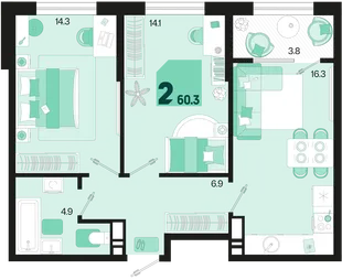 Планировка 2-комн. квартира, 60.3 м² ЖК «Первое место»