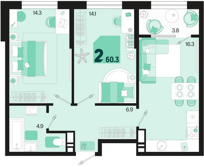 Планировка 2-комн. квартира, 60.3 м² ЖК «Первое место» Планировка 2-комн. квартира, 60.3 м² ЖК «Первое место»