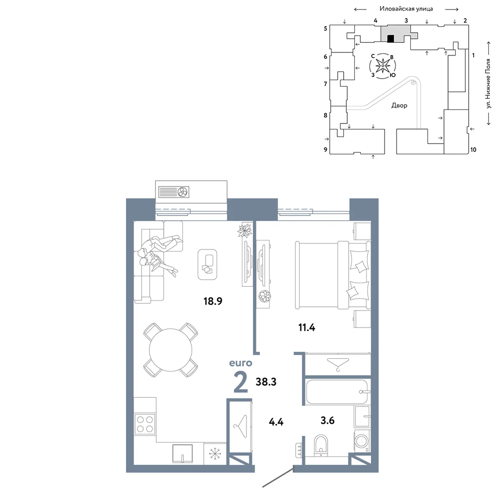 Планировка 2-комн. квартира, 38.3 м² ЖК «Страна.Заречная»