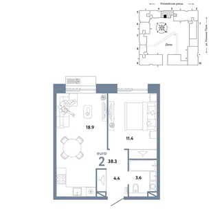 Планировка 2-комн. квартира, 38.3 м² ЖК «Страна.Заречная»