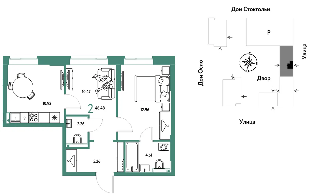 Планировка 2-комн. квартира, 46.48 м² ЖК «Европейский берег 2.0»