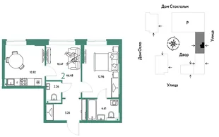Планировка 2-комн. квартира, 46.48 м² ЖК «Европейский берег 2.0»