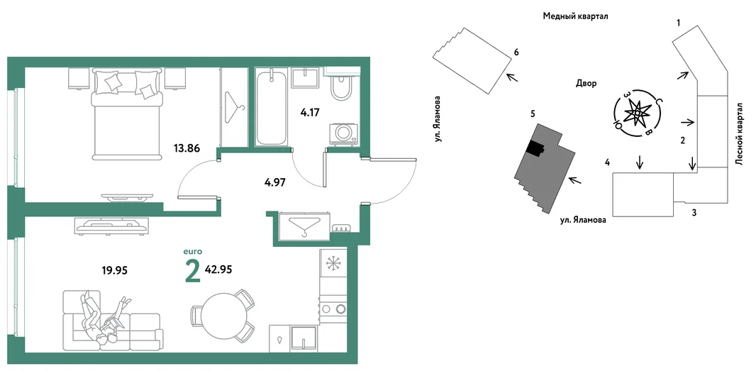 Планировка 2-комн. квартира, 42.95 м² ЖК «Сибирский сад»