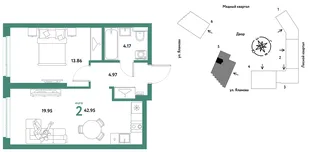 Планировка 2-комн. квартира, 42.95 м² ЖК «Сибирский сад»