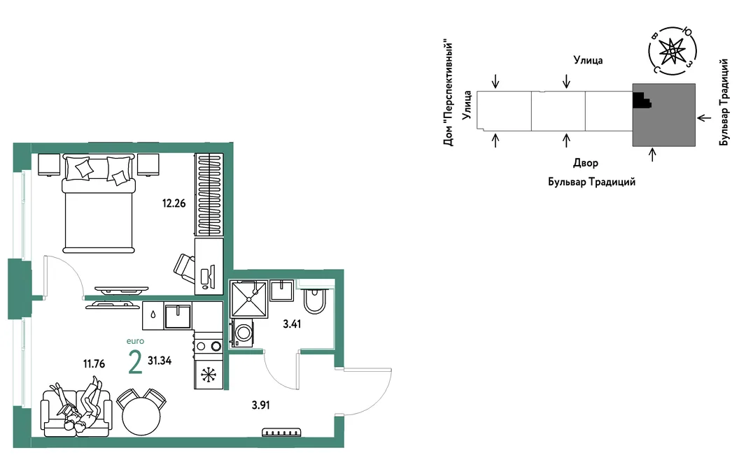 Планировка 2-комн. квартира, 31.34 м² ЖК «Микрорайон Домашний»