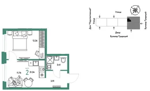 Планировка 2-комн. квартира, 31.34 м² ЖК «Микрорайон Домашний»