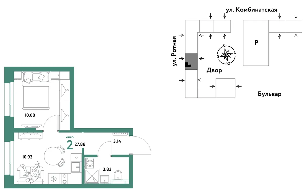 Планировка 2-комн. квартира, 27.72 м² ЖК «Уральский сад»