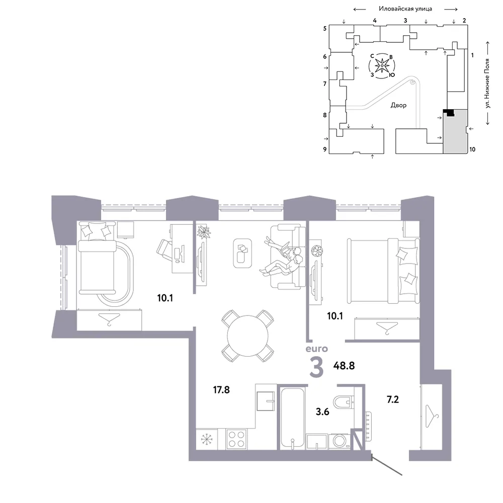 Планировка 3-комн. квартира, 48.8 м² ЖК «Страна.Заречная»