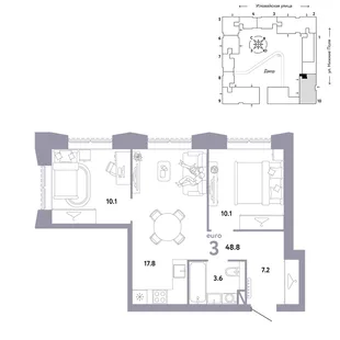 Планировка 3-комн. квартира, 48.8 м² ЖК «Страна.Заречная»