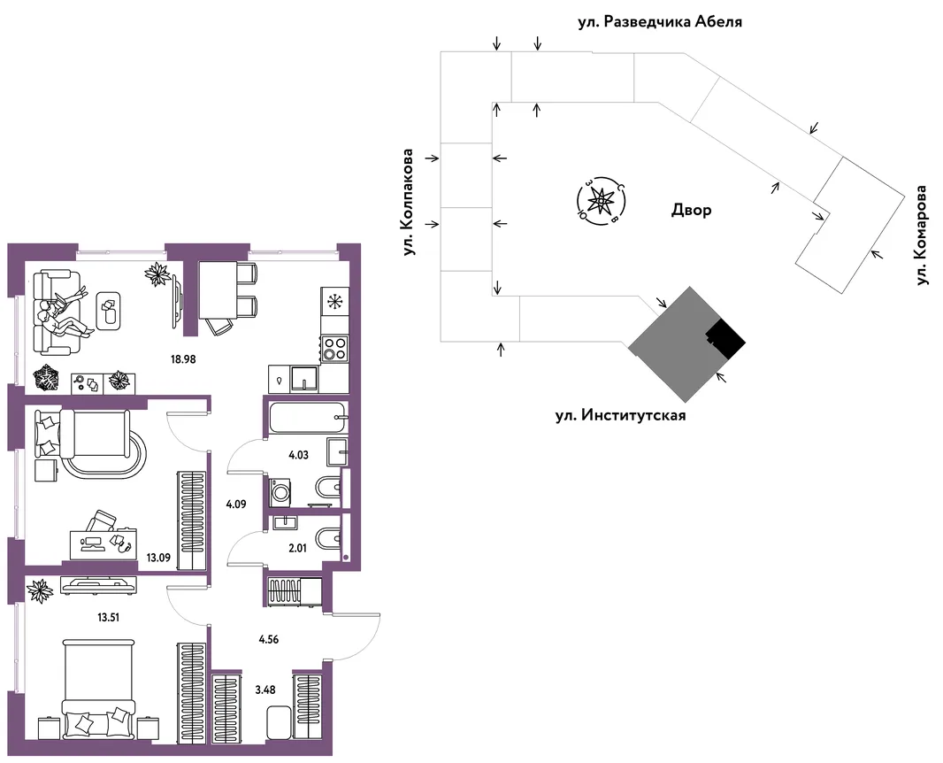 Планировка 3-комн. квартира, 63.75 м² ЖК «Страна.Парковая»